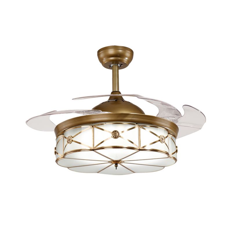 4 Blades Classic Geometric Shaped Ceiling Fan Light Frost Glass 42" Wide LED Semi Mount Lighting in Brass