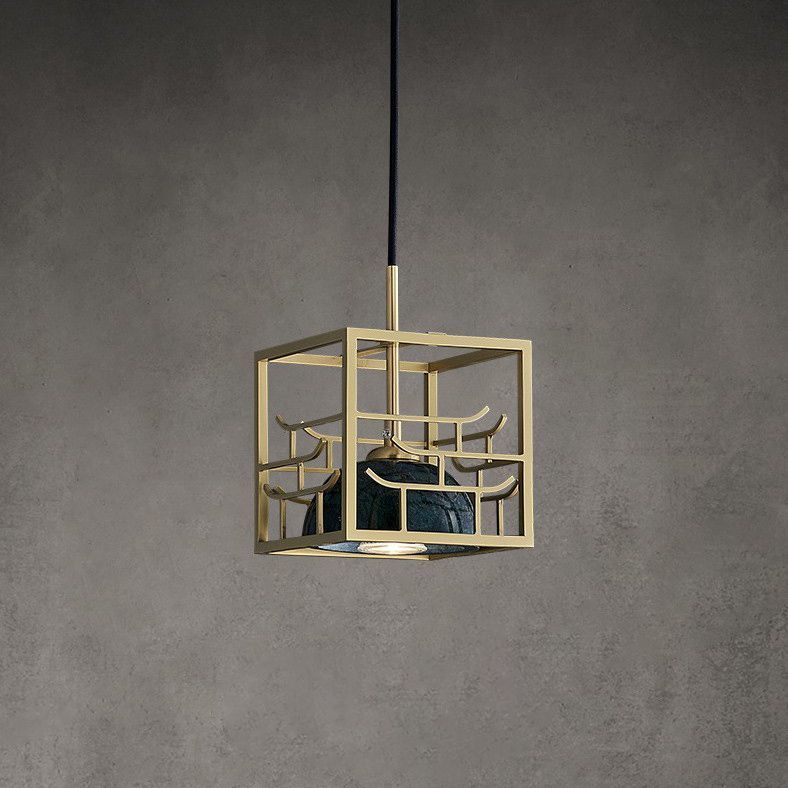 Blackish Green Shade Pendant Light Retro Nordic 1-Light Marble Hanging Light with Gold Cage