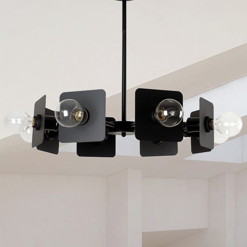 Metal Square Chandelier Lighting Industrial Style 8-Head Black Ceiling Light Fixture with Bare Bulb for Restaurant