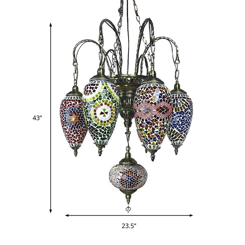 7 Bulbs Coffee House Hanging Chandelier Tradition Ceiling Pendant Light with Droplet Colorful Glass Shade