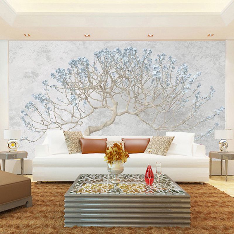 Blue Watercolors of Tree Mural Wallpaper Water-Resistant Wall Covering for Accent Wall