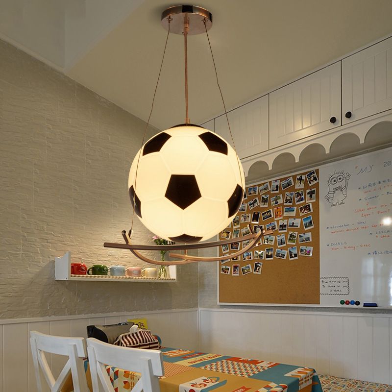 Soccer Design Pendant Light Fixture Cartoon Style Black and White Glass 1 Light Bedroom Hanging Lamp