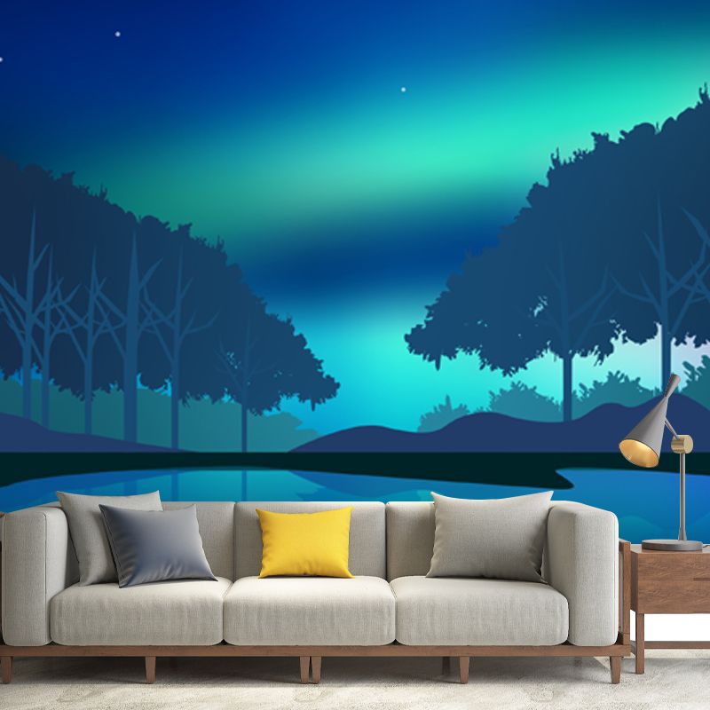 Aqua Aurora Wall Mural Forest Starry Sky Modern Waterproof Wall Decor for Living Room