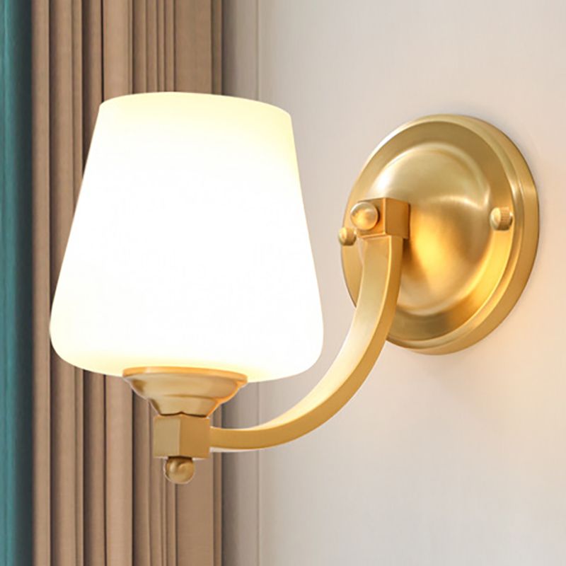 Gold 1/2-Bulb Wall Sconce Lamp Modern Style White Glass Cup Shaped Wall Lighting for Bedroom