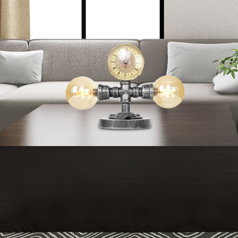 Lámpara de mesa industrial con pantalla redonda, 2 luces, luz de escritorio de vidrio transparente/ámbar en plata antigua con base