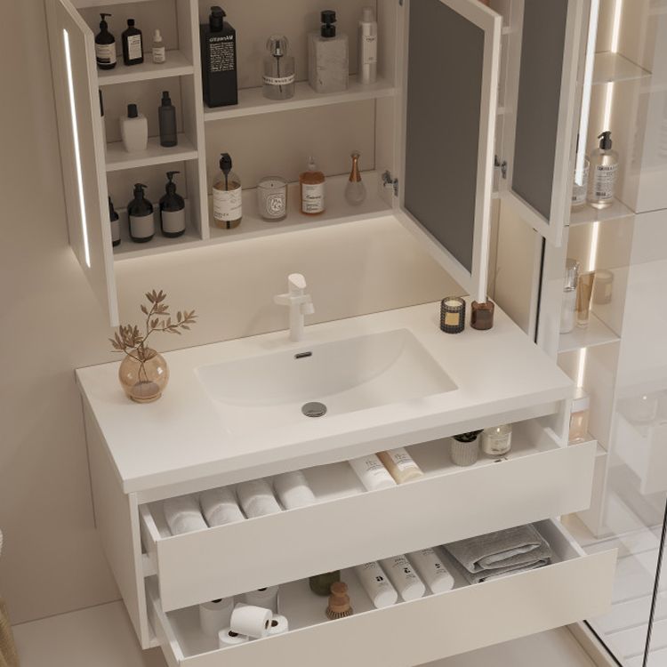 White Bathroom Vanity Wood Rectangle Single Sink Wall Mount 2 Drawers Vanity Set
