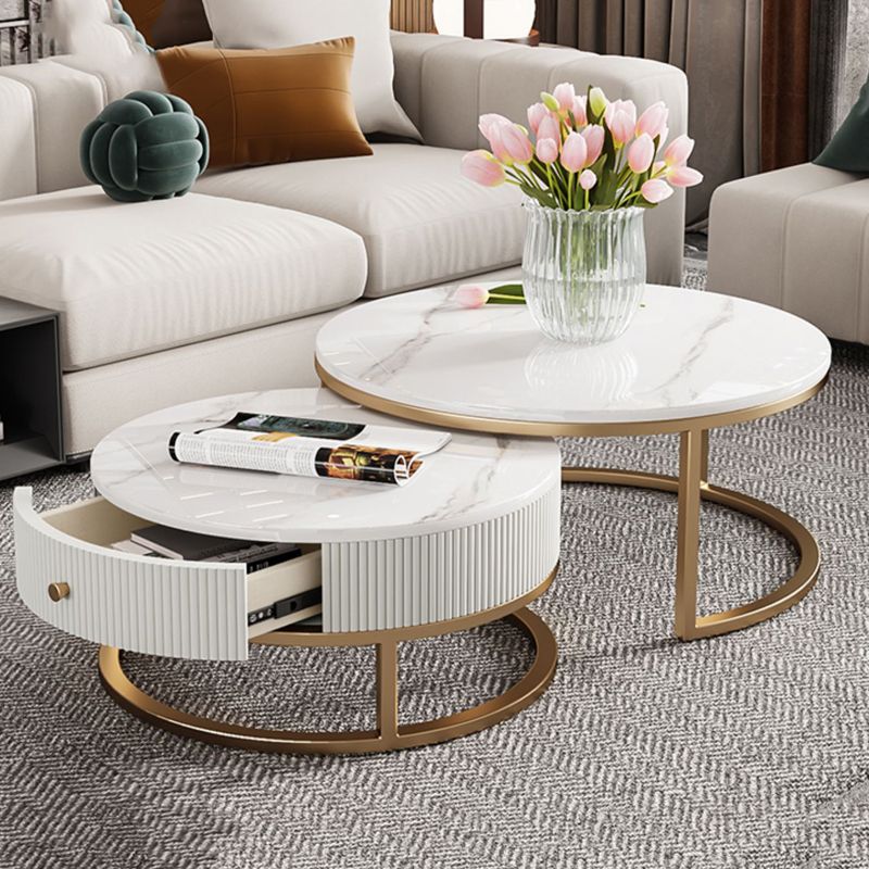 Round Coffee Table Slate Frame Nesting Coffee Table Set with Drawer