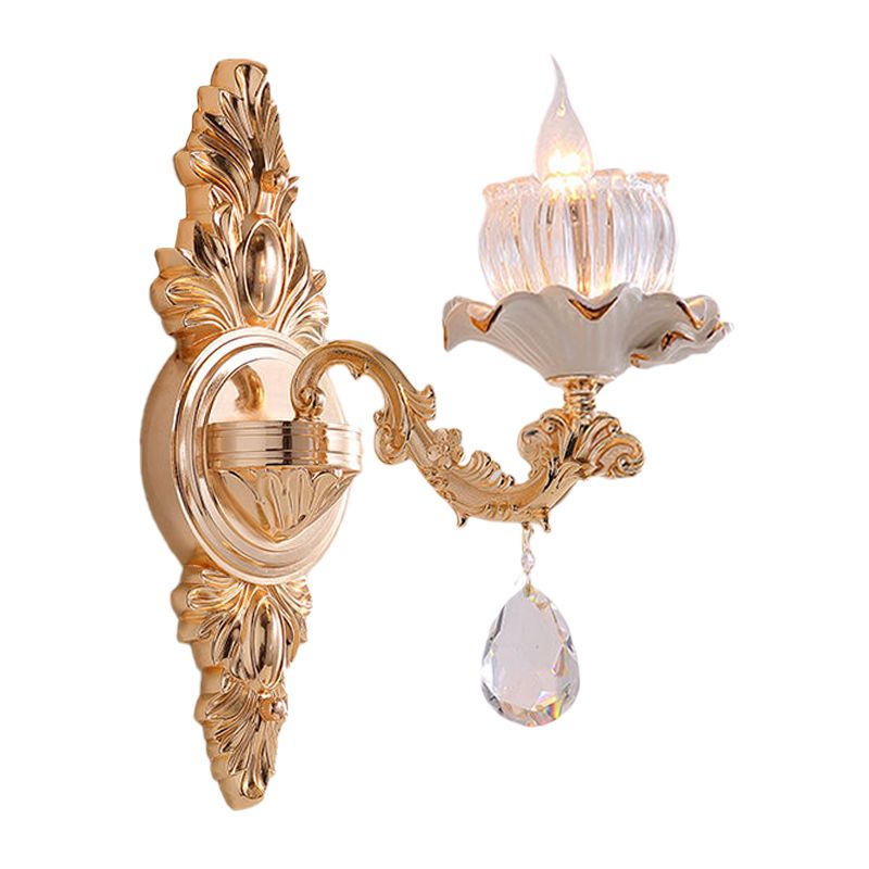Traditional Ruffle Wall Mount Light 1/2-Head Clear Ribbed Glass Sconce Lighting with Carved Arm in Gold