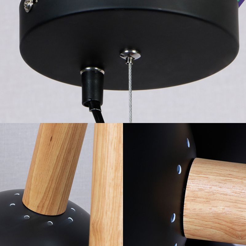 Metal Domed Hanging Chandelier Industrial 3-Light Dining Room Pendant Light with Wood