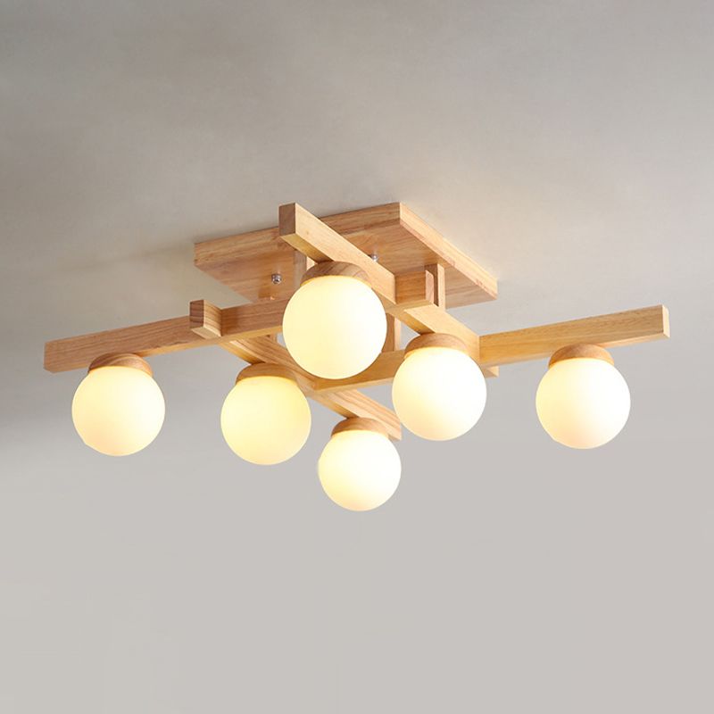 Ball-Shaped Semi Flush Light Fixture Modern Wood Living Room Semi Flush Chandelier