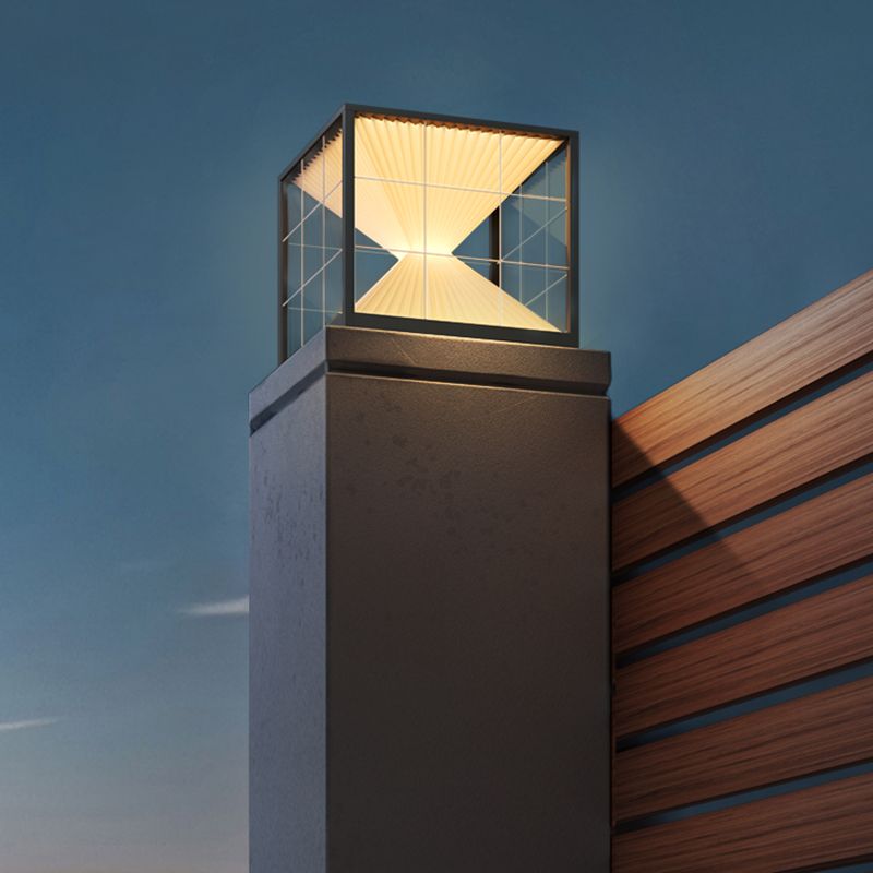 Square Shape Metal Solar Pillar Lamp Modern Style 1 Light Outdoor Lights in Black