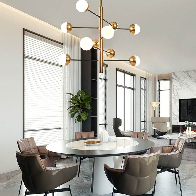Gold Vertical Pendant Chandelier Postmodern Opal Ball Glass Hanging Light for Dining Room