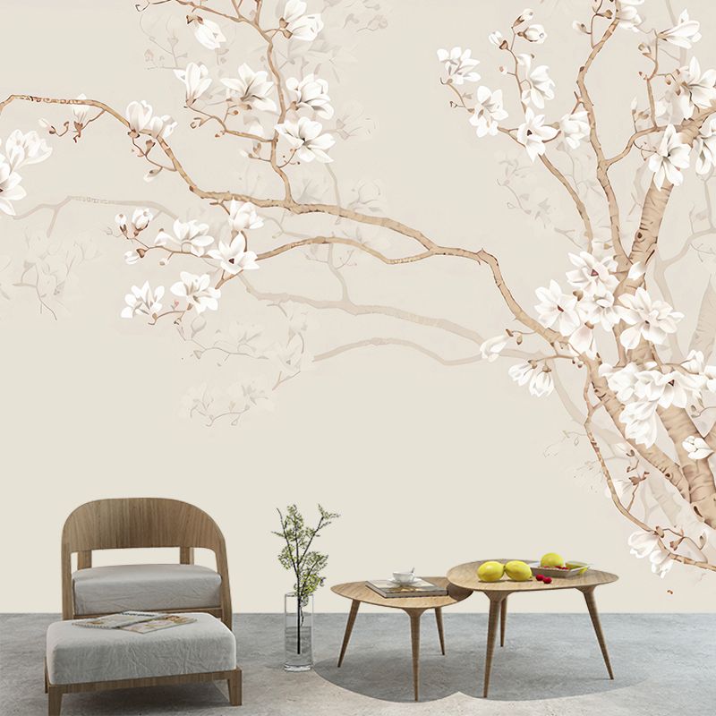 Beige Plum Blossom Wall Mural Flower Rustic Moisture Resistant Wall Decor for Home