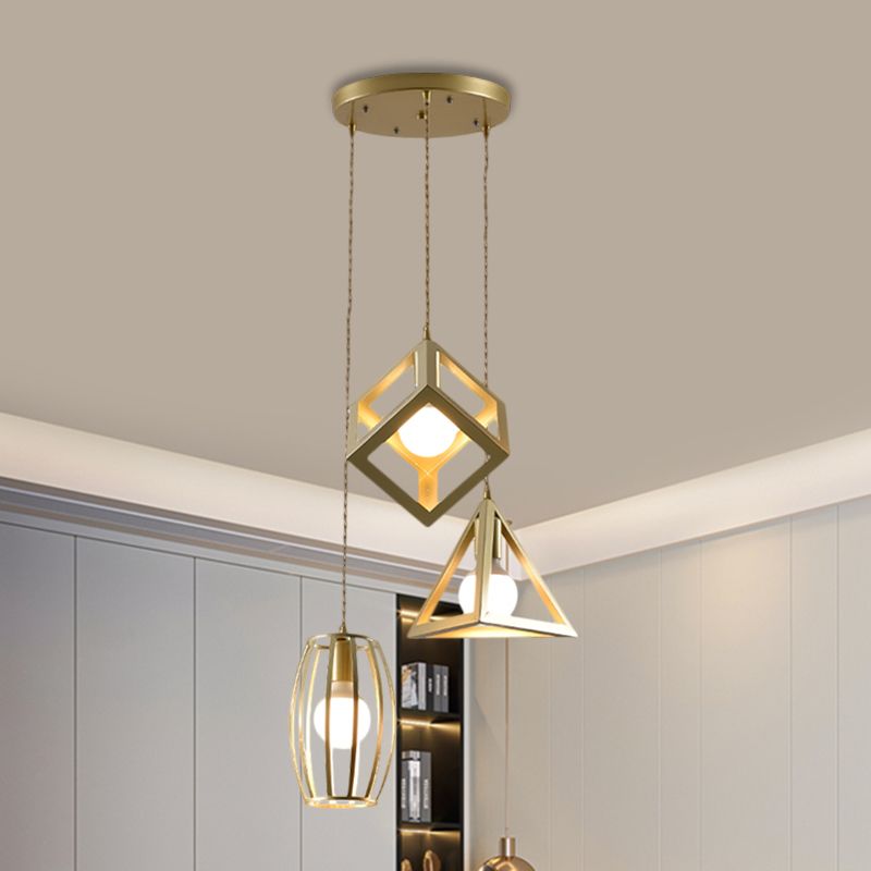 Metal Golden Hanging Lamp Wire Frame 3 Lights Farmhouse Suspended Light with Round/Linear Canopy for Living Room