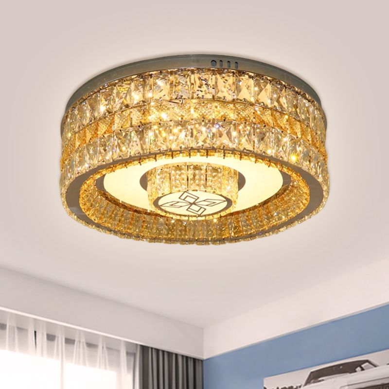 Clear Crystal Blocks Drum Flush Mount Modern Living Room LED Close to Ceiling Light