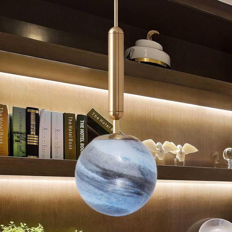1-Bulb Bedroom Drop Lamp Modern Brass Pendant Lighting Fixture with Ball Tan/Blue Glass Shade