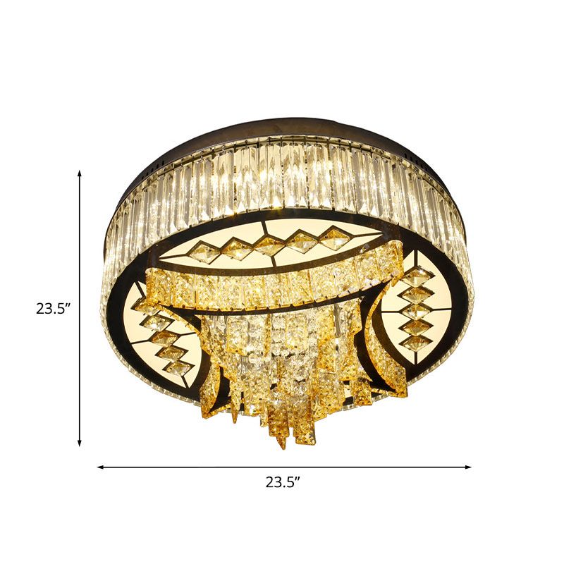 Drum Living Room Flush Mount Lighting Fixture Modern Tan Crystal LED White Ceiling Light with Waveform Frame