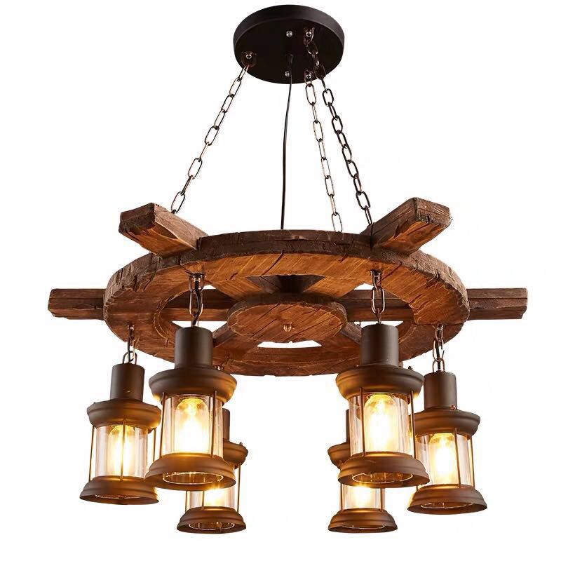 Wooden Rudder Retro 6-Lights Chandelier Light Vintage Nautical Style Kerosene Lamp Design Ceiling Pendant Lamp for Bar Cafe Shop