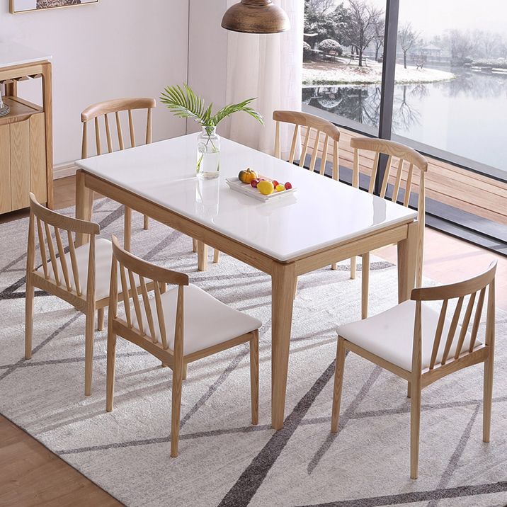 Middeleeuwse moderne marmeren rechthoekige tafel witte tafel met houten basis en 4 poten