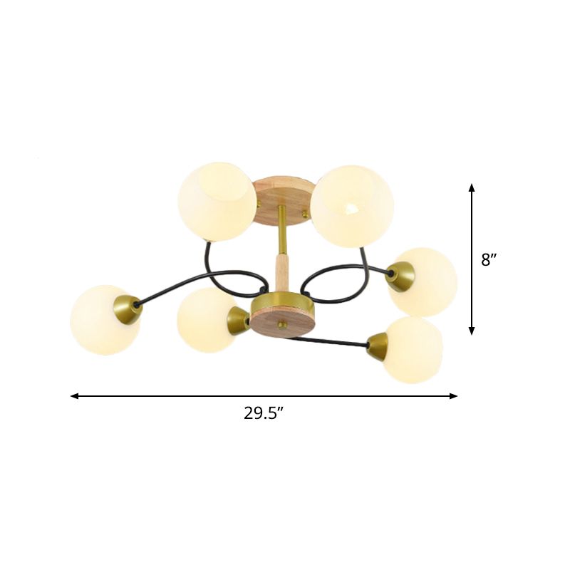 Ball Frosted Weiß Glas Deckenlampe Modernism 6 Lights Gold Semi Flush Mount Chandelier mit Winding Arm
