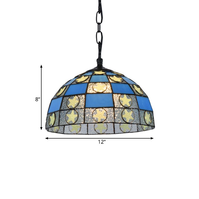 12"/16" Wide Black 1 Light Pendant Lighting Fixture Tiffany-Style Blue Glass Star Hanging Lamp Kit