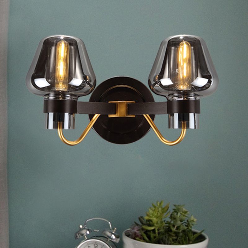 2-Bulb Wall Light with Mushroom Shade Smoked Glass Modern Bedroom Sconce Lighting Fixture