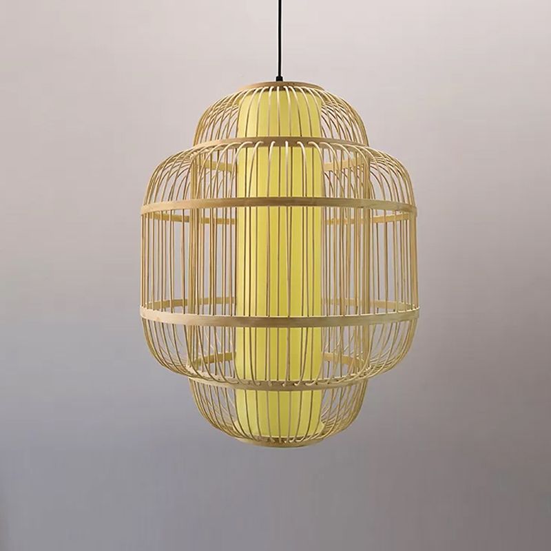 Bamboo lantaarn hanger verlichting Aziatisch 1-licht beige verlichting voor eetkamer, 16 "/19.5" /31,5 "w