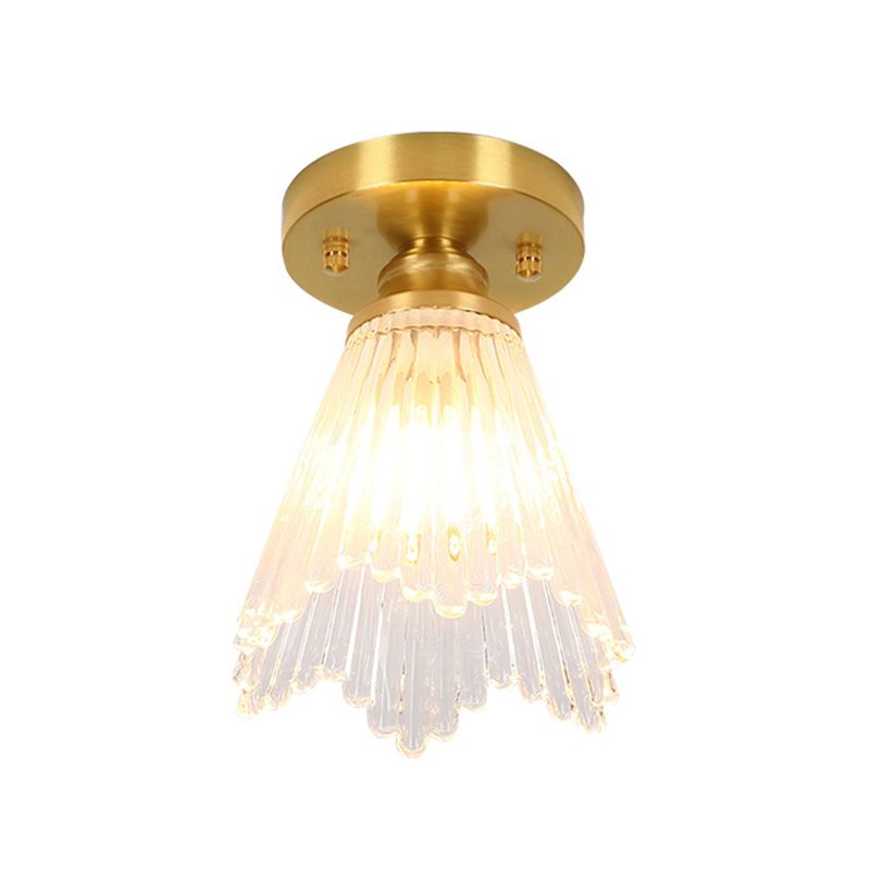 Small Foyer Ceiling Mounted Lamp Textured Glass 1-Bulb Minimalist Semi Flush Light in Brass