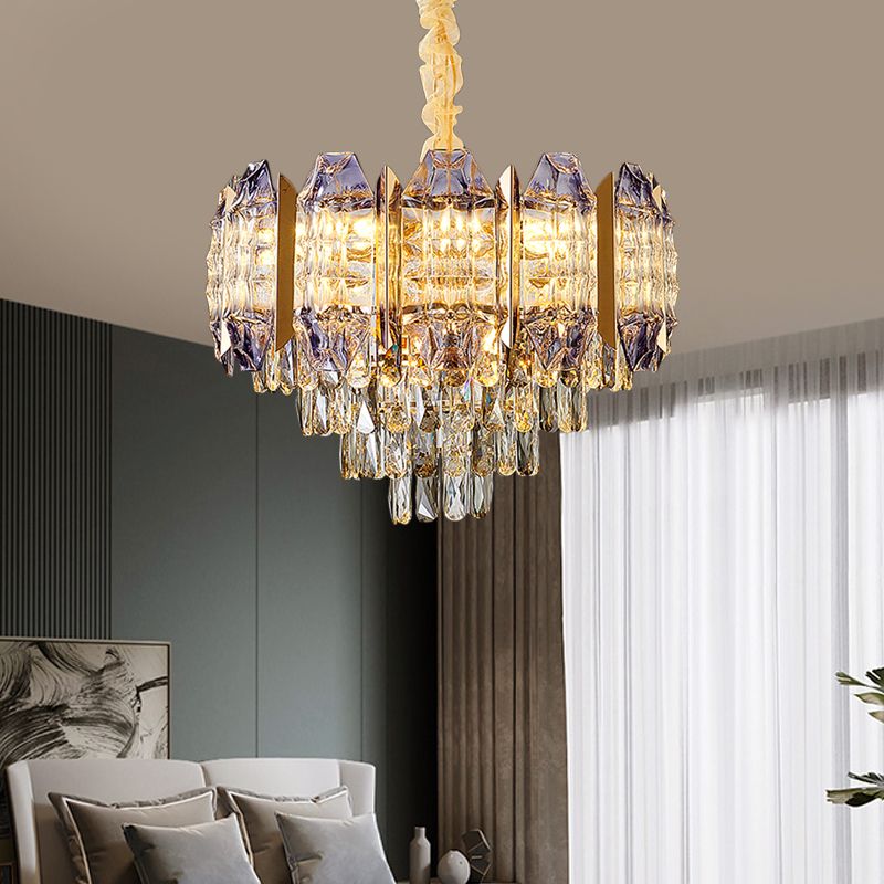 Conical Parlor Ceiling Chandelier Modern Stylish Prismatic Crystal 9-Light Gold Hanging Lamp Kit