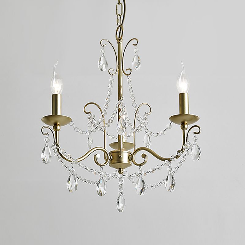 Vintage Style Bare Bulb Chandelier Pendant Light Metallic 3/6 Heads Hanging Lamp with Clear Crystal in Gold Finish