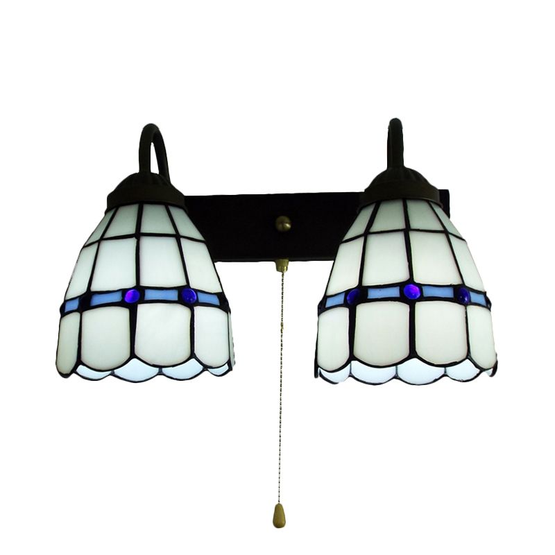 1 Head Sconce Light Tiffany Grid Patterned White Glass Wall Mounted Light with Pull Chain