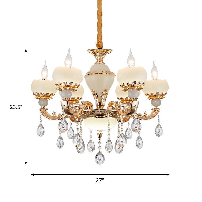 Jade Gold Chandelier Lamp Candle 6 Heads Bedroom Ceiling Light with Crystal Draping