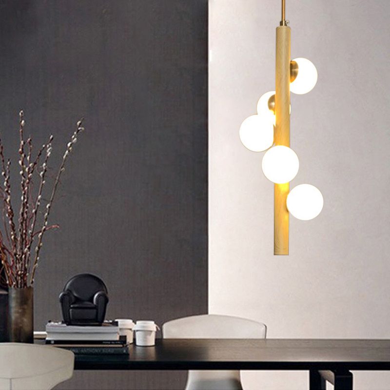 Apparecchi di illuminazione del lampadario a legna del tubo a 5 teste a 5 teste beige lampada a soffitto appesa con tonalità di vetro opale a bolle