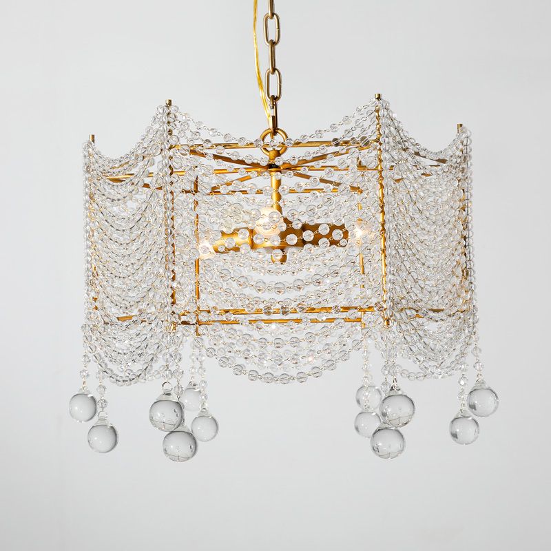 Retro Style Scalloped Suspension Light 3 Bulbs Crystal Bead Chandelier Light in Silver