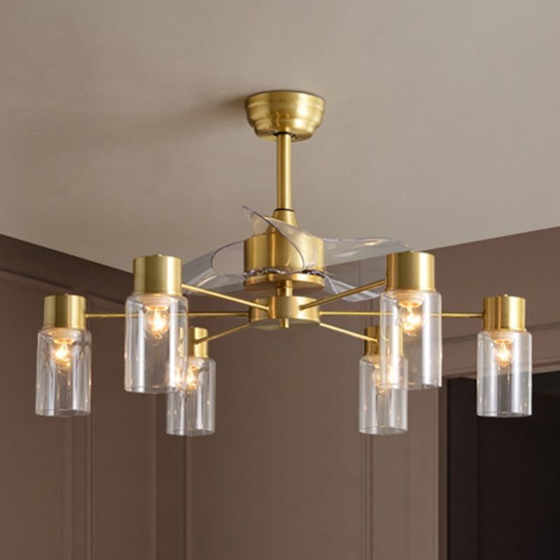 Tubular Clear Glass Hanging Fan Light Minimalistic 3 Blades Brass Semi Flush Mount with Remote, 35.5" Wide