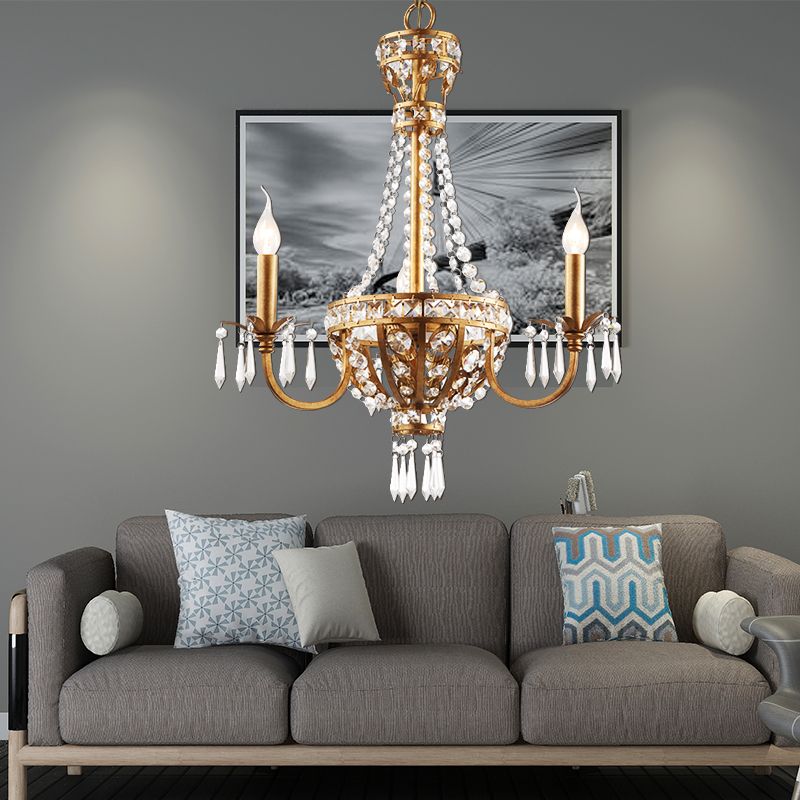 Candle Crystal Chandelier Lamp Country 3 Lights Dining Room Pendant Lighting in Gold