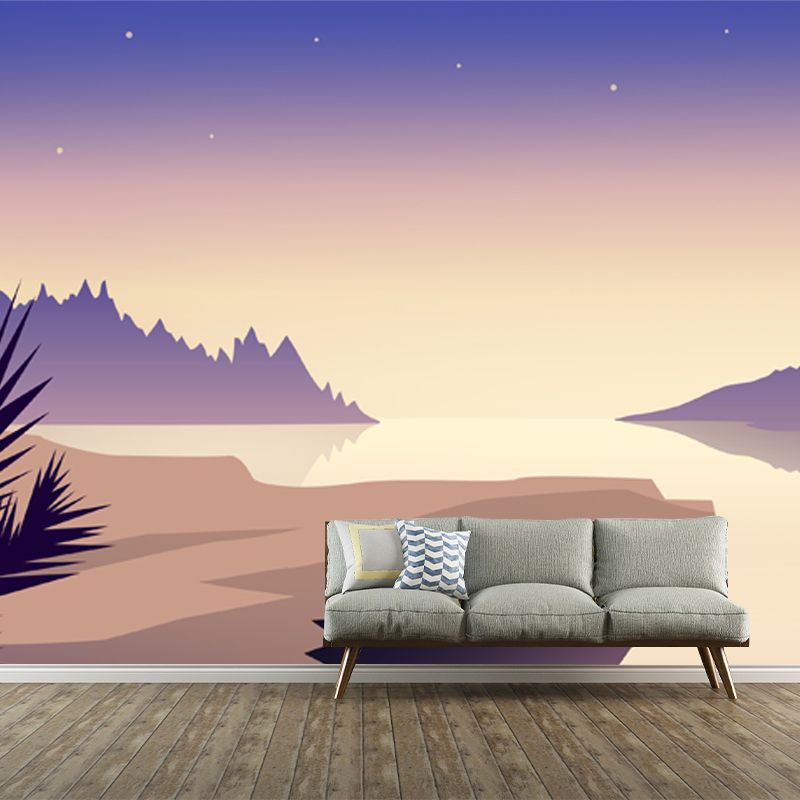 Non-Woven Stain Resistant Mural Modern River and Moon Night Starry Sky Print Wall Art in Purple-Yellow