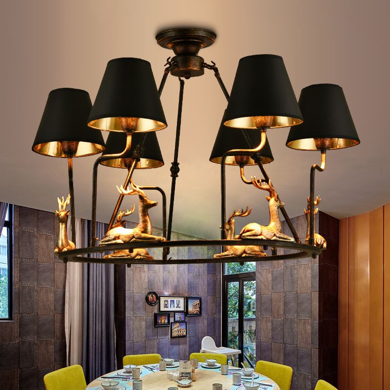Black Cone Pendant Chandelier Farmhouse Fabric 6/8 Heads Dining Room Hanging Ceiling Light with Deer Element