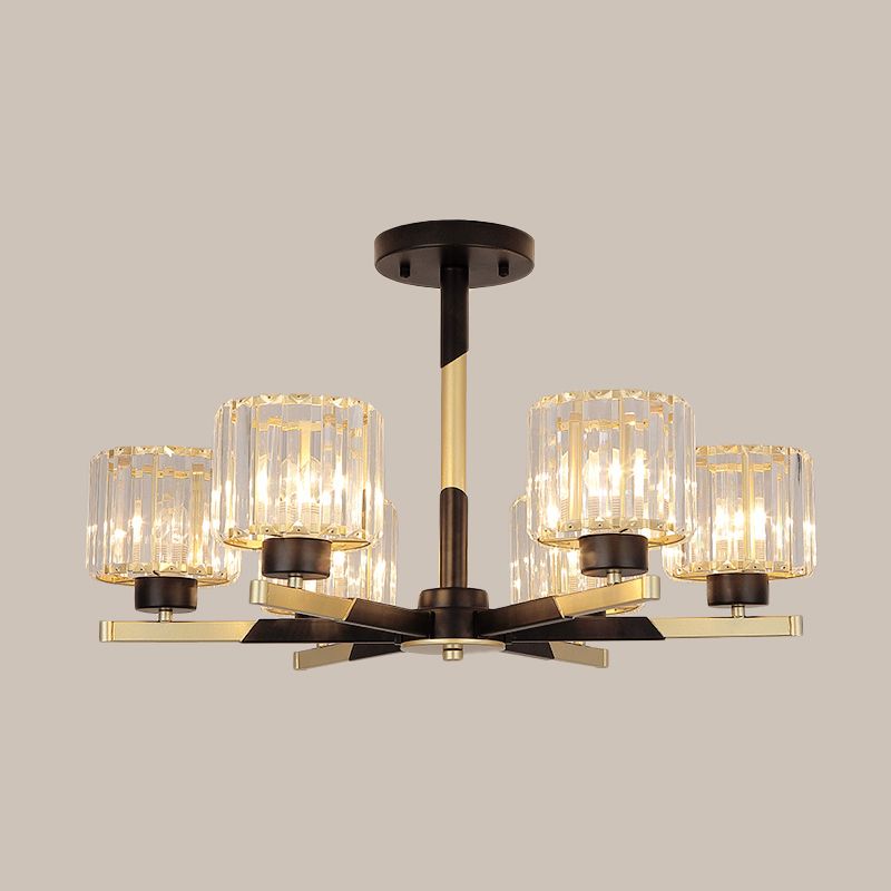 Cylindrical Crystal Semi Flush Chandelier Modern 6/8-Head Living Room Flush Ceiling Light in Black
