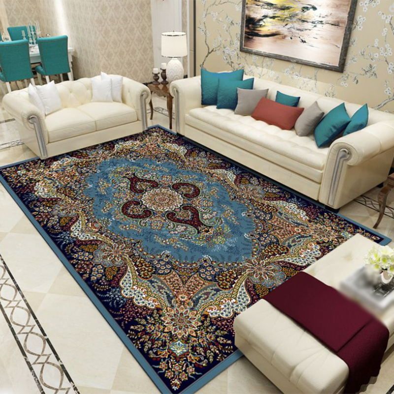 Blue Moroccan Indoor Rug Polyester Graphic Rug Non-Slip Backing Rug for Living Room