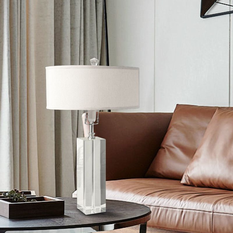 White Rectangle Table Light Rural Crystal 1 Light Bedroom Night Lamp with Round Fabric Shade