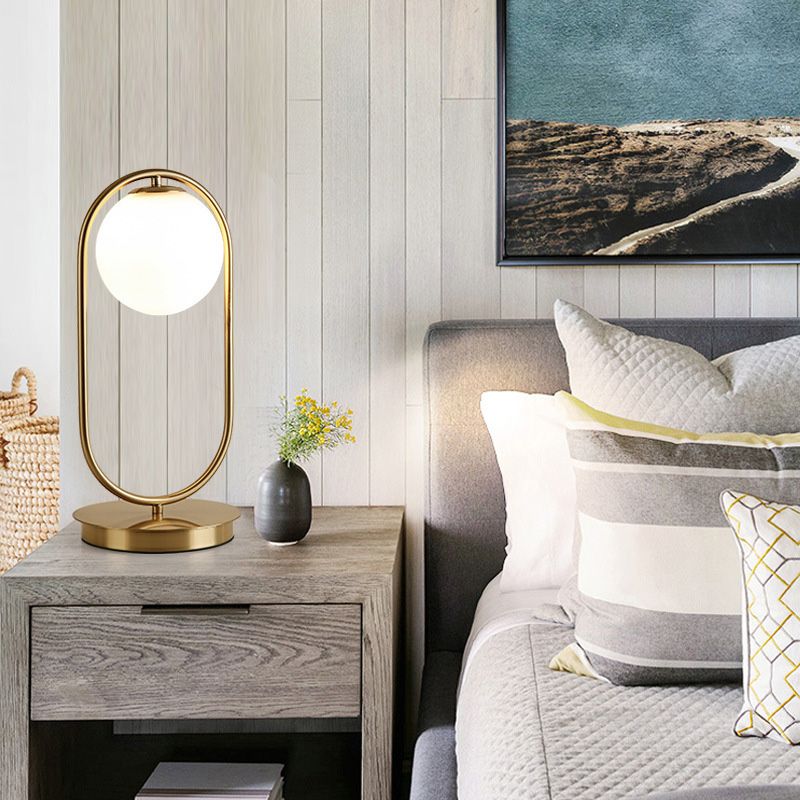 Minimalist Round Table Lighting Opal Glass 1 Bulb Living Room Table Lamp in Gold