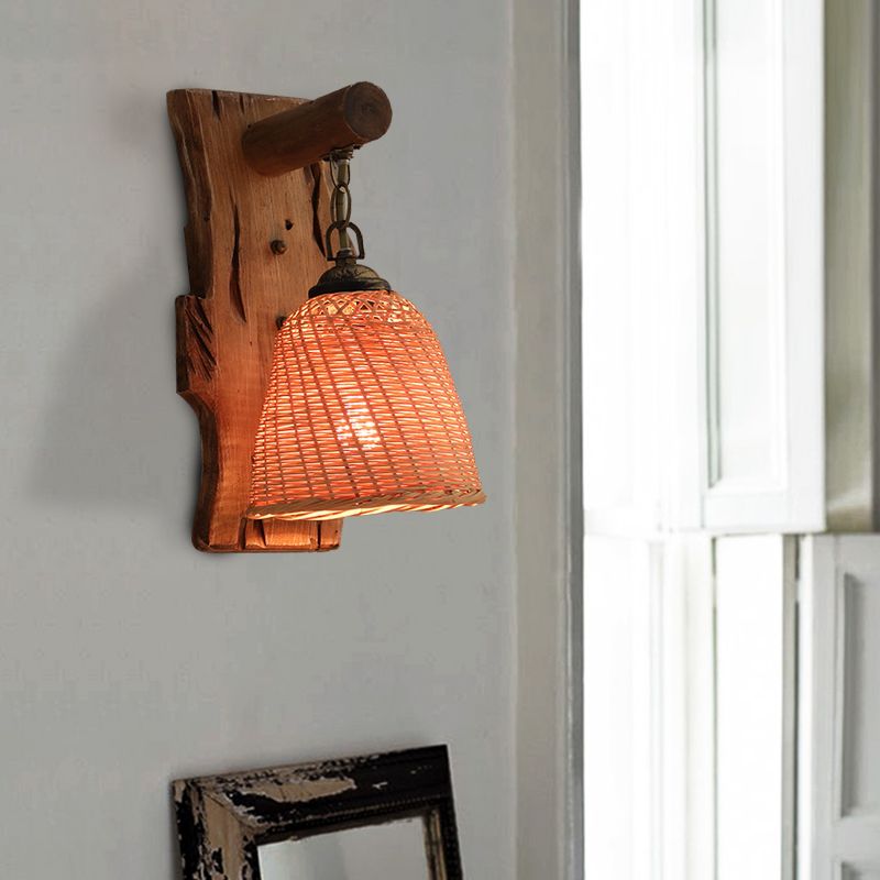 Wood Cone/Cylinder Wall Lamp Traditional 1 Head Beige Sconce Light Fixture with Rectangle Backplate