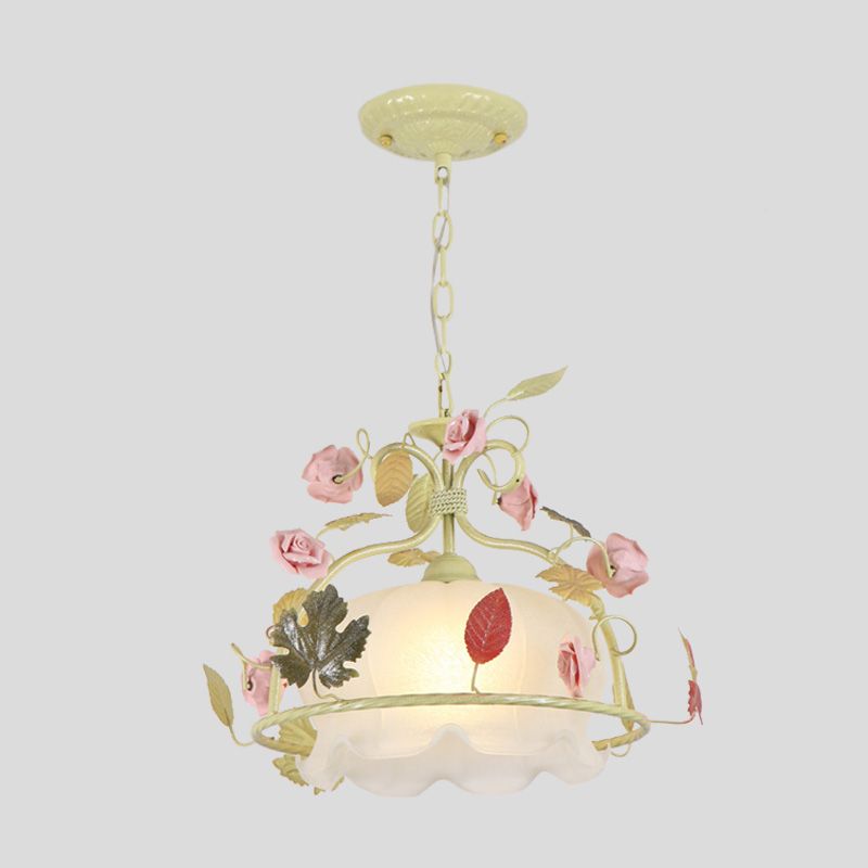 Countryside Scallop Chandelier Light Fixture 3 Bulbs Opal Glass LED Drop Pendant in White/Green for Living Room