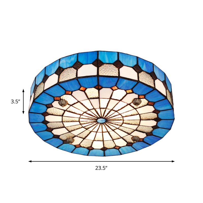16"/23.5" W Round Ceiling Light Fixture Tiffany Style Stained Glass 3/4 Lights Flushmount Light in Blue for Living Room
