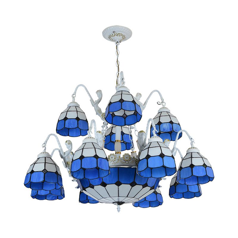Blue Grid Patterned Pendant Light Tiffany 15 Lights Stained Glass Chandelier Lamp with Mermaid Decoration