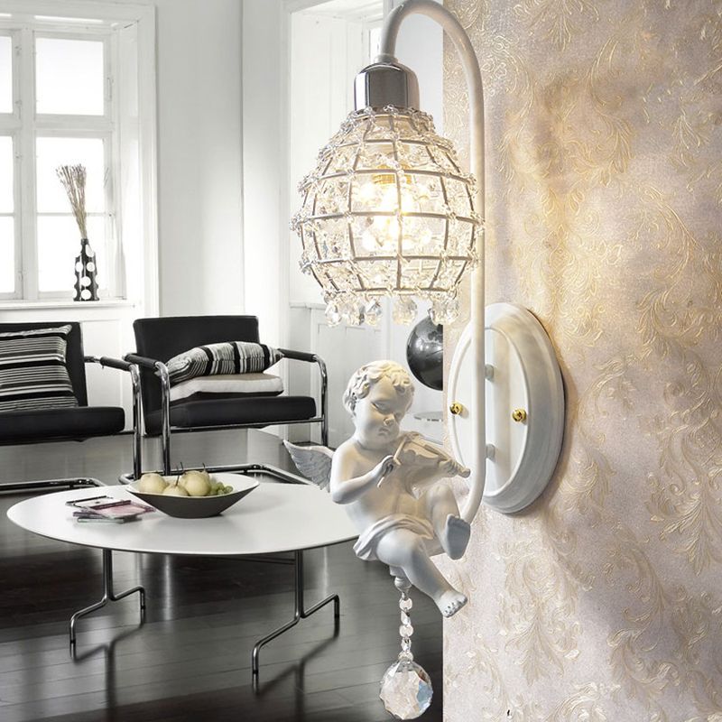 1 Light Wall Sconce Light with Globe Crystal and Angel Decoration Simple Corridor Wall Mount Light in White