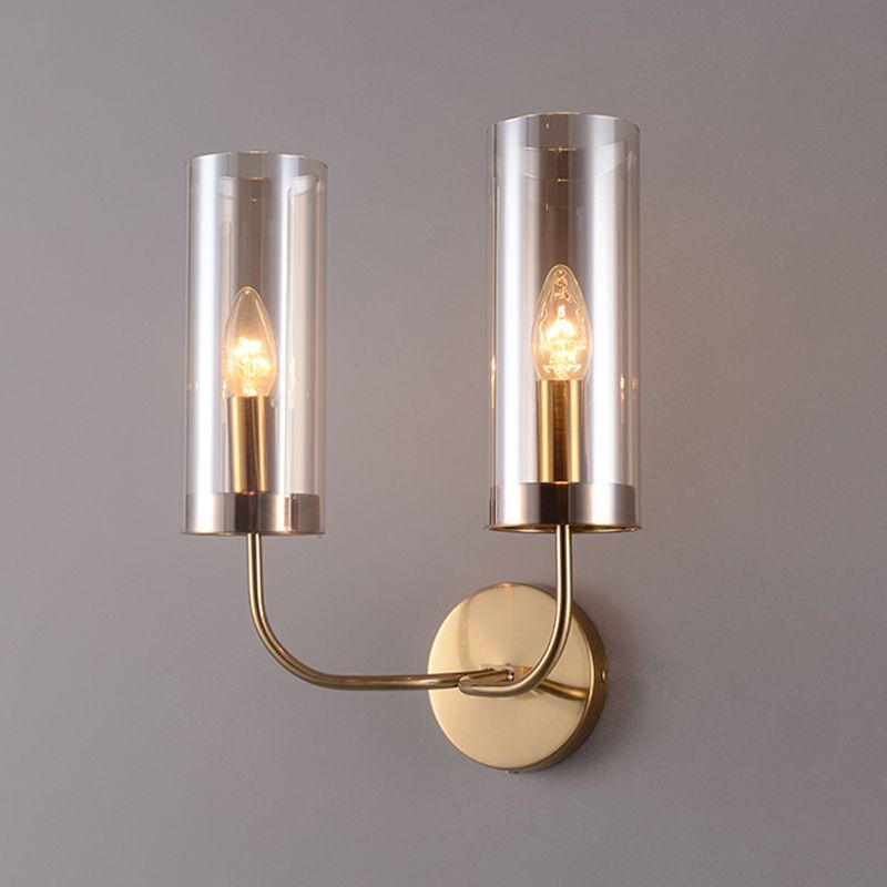 Cognac -Glaszylinderlinderleuchte modernistische 2 Lampenmontagelampe in Gold mit metallischem Arm