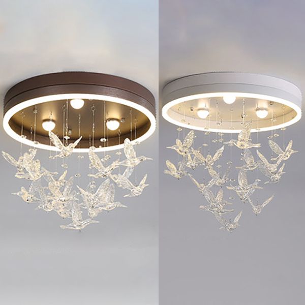 Round Flush Light with Clear Crystal Bird Modern LED Flush Mount Light for Bedroom