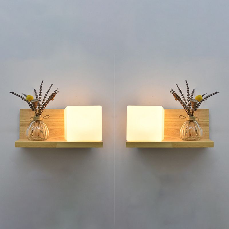 Beige Shaded Wall Sconce Lighting Contemporary Style Wood Wall Mount Light Fixture